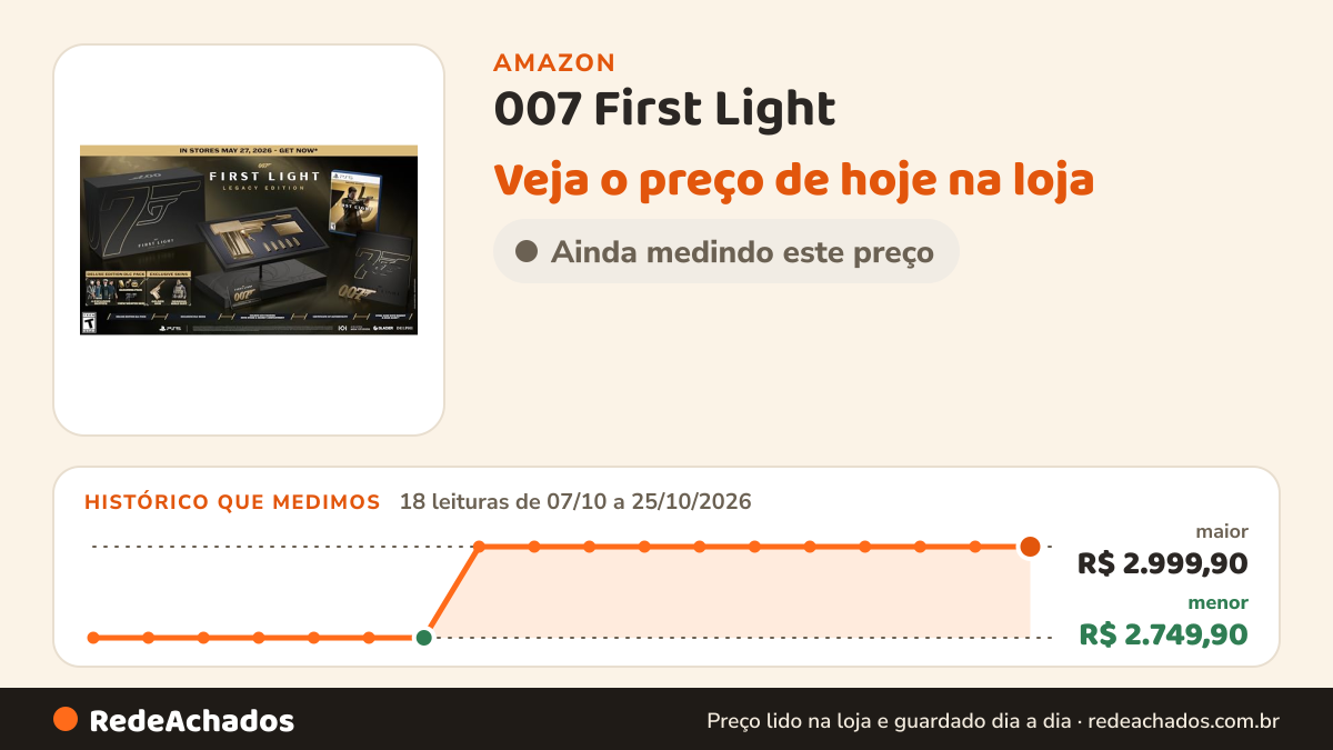 Histórico de preço de 007 First Light - Legacy Edition - PlayStation 5 na Amazon: 18 leituras de 07/10/2026 a 25/10/2026, menor R$ 2.749,90, maior R$ 2.999,90