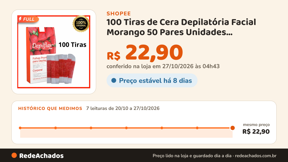 Histórico de preço de 100 Tiras de Cera Depilatória Facial Morango 50 Pares Unidades Sobrancelhas Buço — Prontas… na Shopee: 7 leituras de 20/10/2026 a 27/10/2026, mesmo preço, R$ 22,90, em todas; R$ 22,90 conferido em 27/10/2026 às 04h43