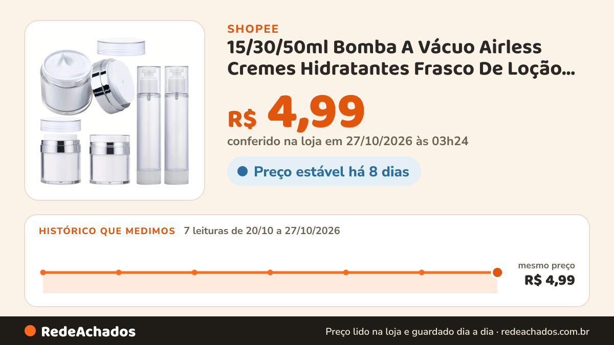 Histórico de preço de 15/30/50ml Bomba A Vácuo Airless Cremes Hidratantes Frasco De Loção Hidratante Cosméticos… na Shopee: 7 leituras de 20/10/2026 a 27/10/2026, mesmo preço, R$ 4,99, em todas; R$ 4,99 conferido em 27/10/2026 às 03h24