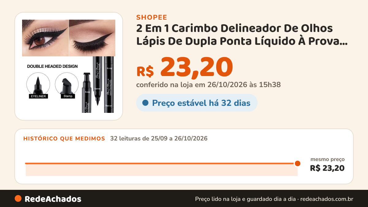 Histórico de preço de 2 Em 1 Carimbo Delineador De Olhos Lápis De Dupla Ponta Líquido À Prova D'água Caneta De… na Shopee: 31 leituras de 25/09/2026 a 25/10/2026, mesmo preço, R$ 23,20, em todas; R$ 23,20 conferido em 25/10/2026 às 10h19