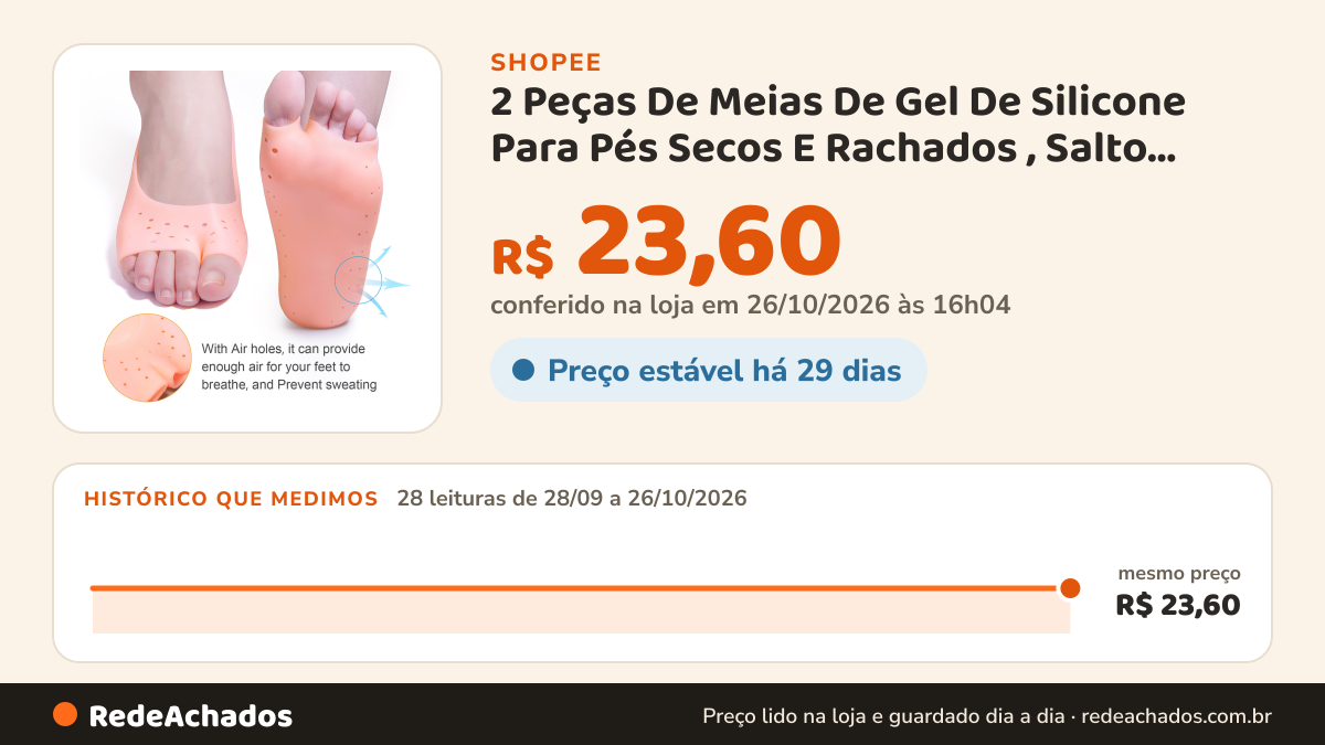 Histórico de preço de 2 Peças De Meias De Gel De Silicone Para Pés Secos E Rachados , Salto Feminino-Dia Noite na Shopee: 28 leituras de 28/09/2026 a 26/10/2026, mesmo preço, R$ 23,60, em todas; R$ 23,60 conferido em 26/10/2026 às 16h04