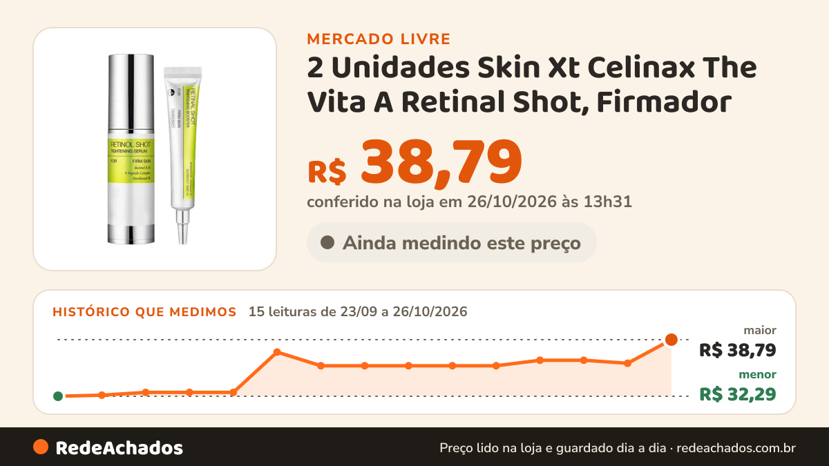 Histórico de preço de 2 Unidades Skin Xt Celinax The Vita A Retinal Shot, Firmador no Mercado Livre: 15 leituras de 23/09/2026 a 26/10/2026, menor R$ 32,29, maior R$ 38,79; R$ 38,79 conferido em 26/10/2026 às 13h31