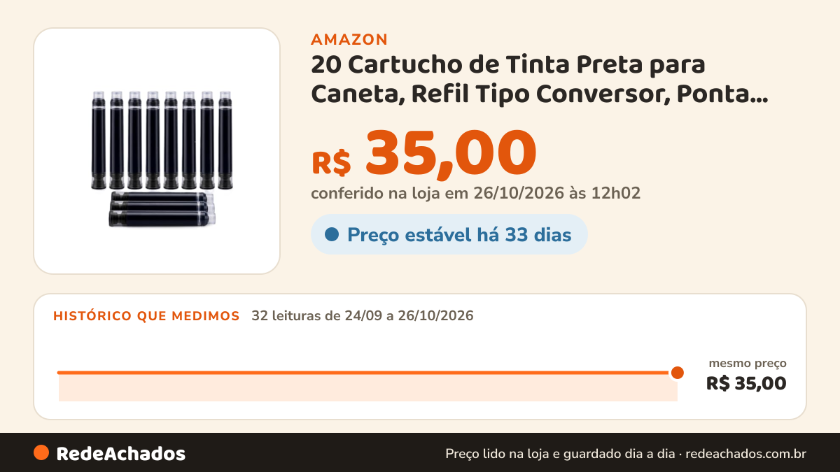 Histórico de preço de 20 Cartucho de Tinta Preta para Caneta, Refil Tipo Conversor, Ponta de 34mm na Amazon: 32 leituras de 24/09/2026 a 26/10/2026, mesmo preço, R$ 35,00, em todas; R$ 35,00 conferido em 26/10/2026 às 12h02