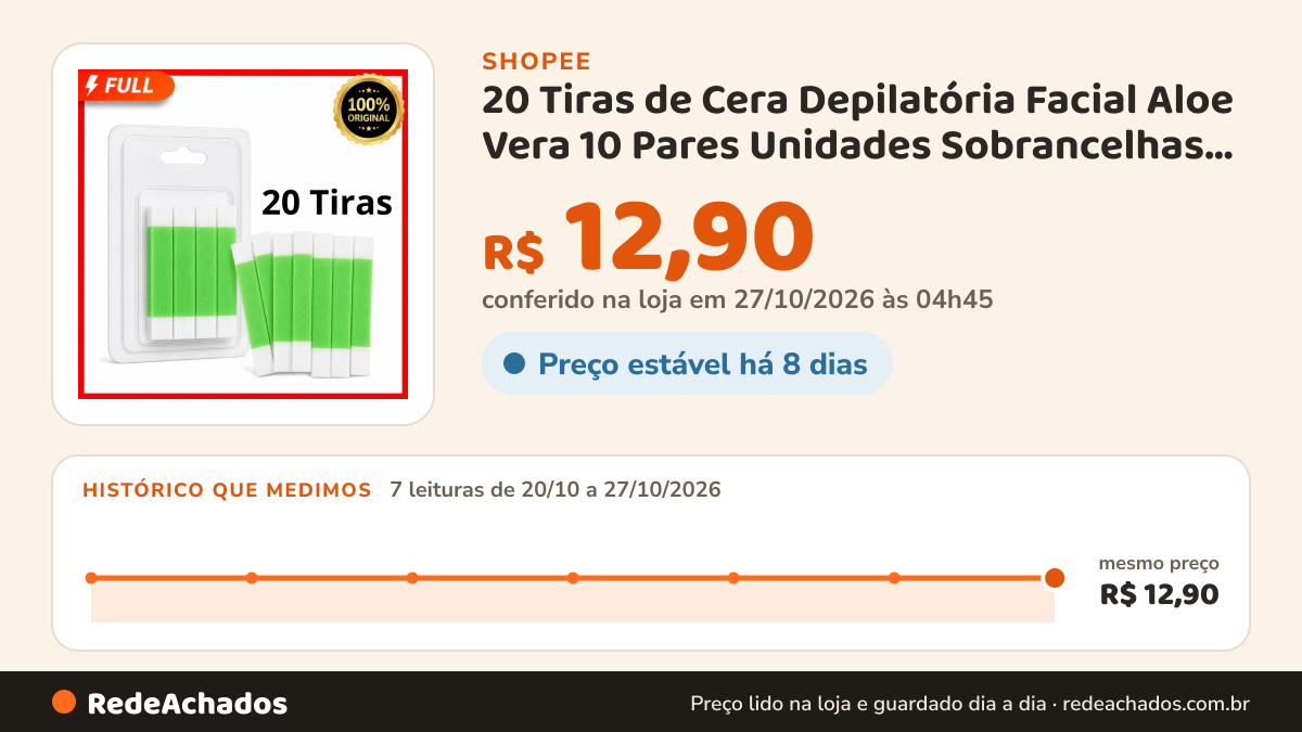 Histórico de preço de 20 Tiras de Cera Depilatória Facial Aloe Vera 10 Pares Unidades Sobrancelhas Buço —… na Shopee: 7 leituras de 20/10/2026 a 27/10/2026, mesmo preço, R$ 12,90, em todas; R$ 12,90 conferido em 27/10/2026 às 04h45