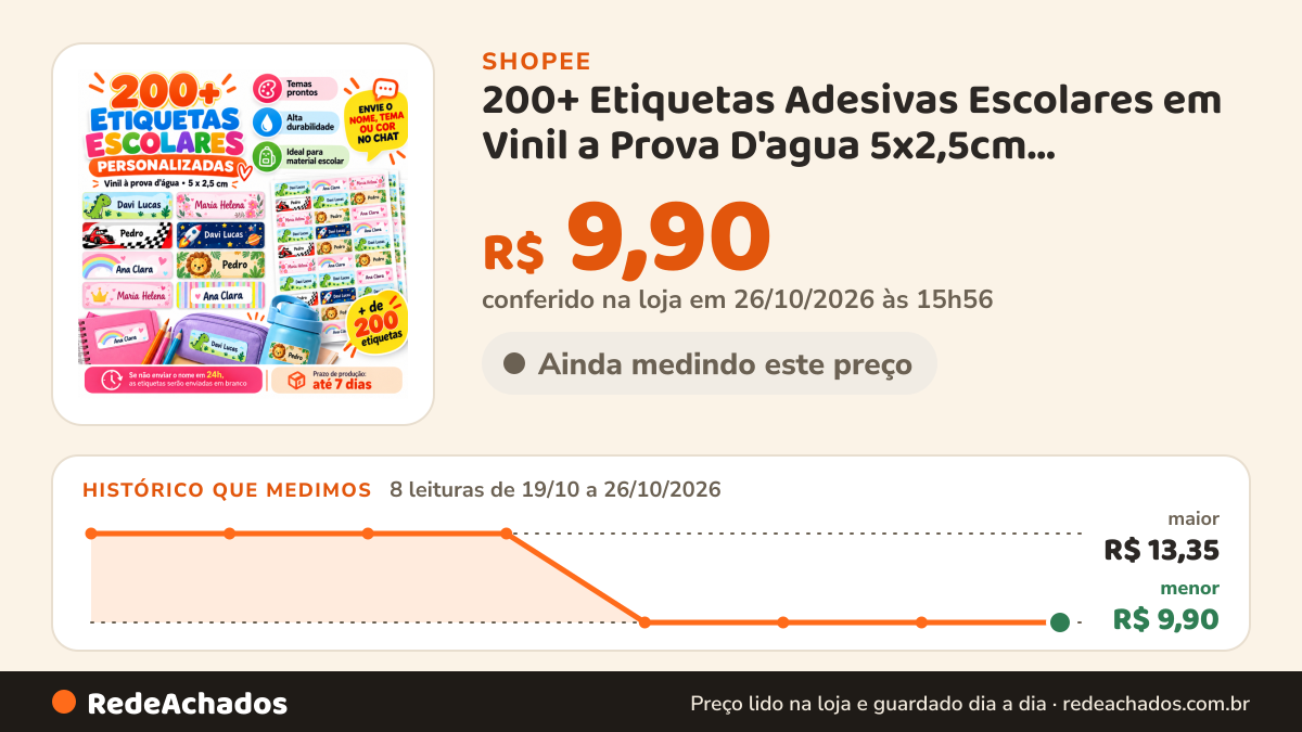Histórico de preço de 200+ Etiquetas Adesivas Escolares em Vinil a Prova D'agua 5x2,5cm- cadernos,lapis… na Shopee: 8 leituras de 19/10/2026 a 26/10/2026, menor R$ 9,90, maior R$ 13,35; R$ 9,90 conferido em 26/10/2026 às 15h56