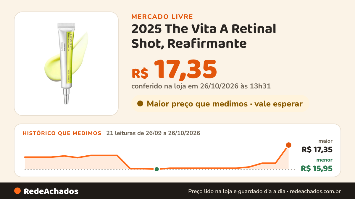 Histórico de preço de 2025 The Vita A Retinal Shot, Reafirmante no Mercado Livre: 21 leituras de 26/09/2026 a 26/10/2026, menor R$ 15,95, maior R$ 17,35; R$ 17,35 conferido em 26/10/2026 às 13h31