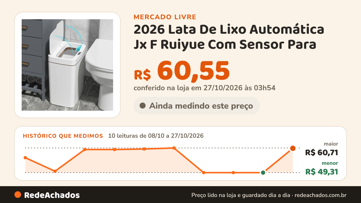 Histórico de preço de 2026 Lata De Lixo Automática Jx F Ruiyue Com Sensor Para no Mercado Livre: 10 leituras de 08/10/2026 a 27/10/2026, menor R$ 49,31, maior R$ 60,71; R$ 60,55 conferido em 27/10/2026 às 03h54