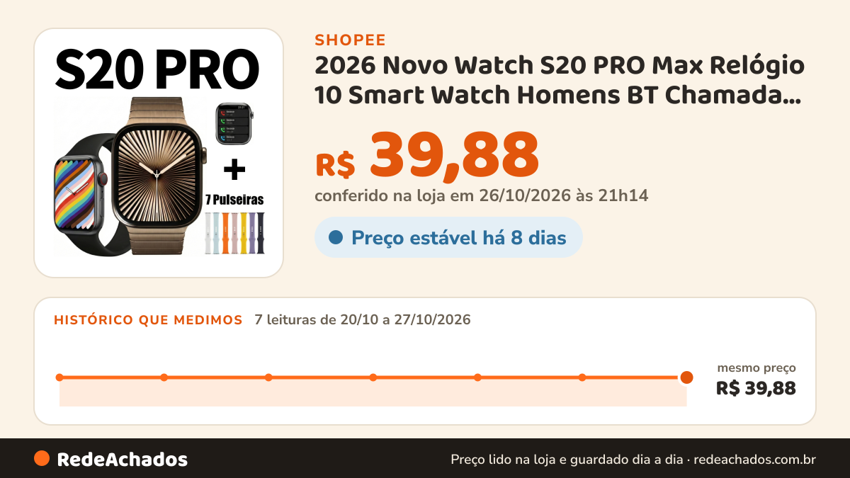 Histórico de preço de 2026 Novo Watch S20 PRO Max Relógio 10 Smart Watch Homens BT Chamada Sempre Em Exibição… na Shopee: 7 leituras de 20/10/2026 a 27/10/2026, mesmo preço, R$ 39,88, em todas; R$ 39,88 conferido em 26/10/2026 às 21h14