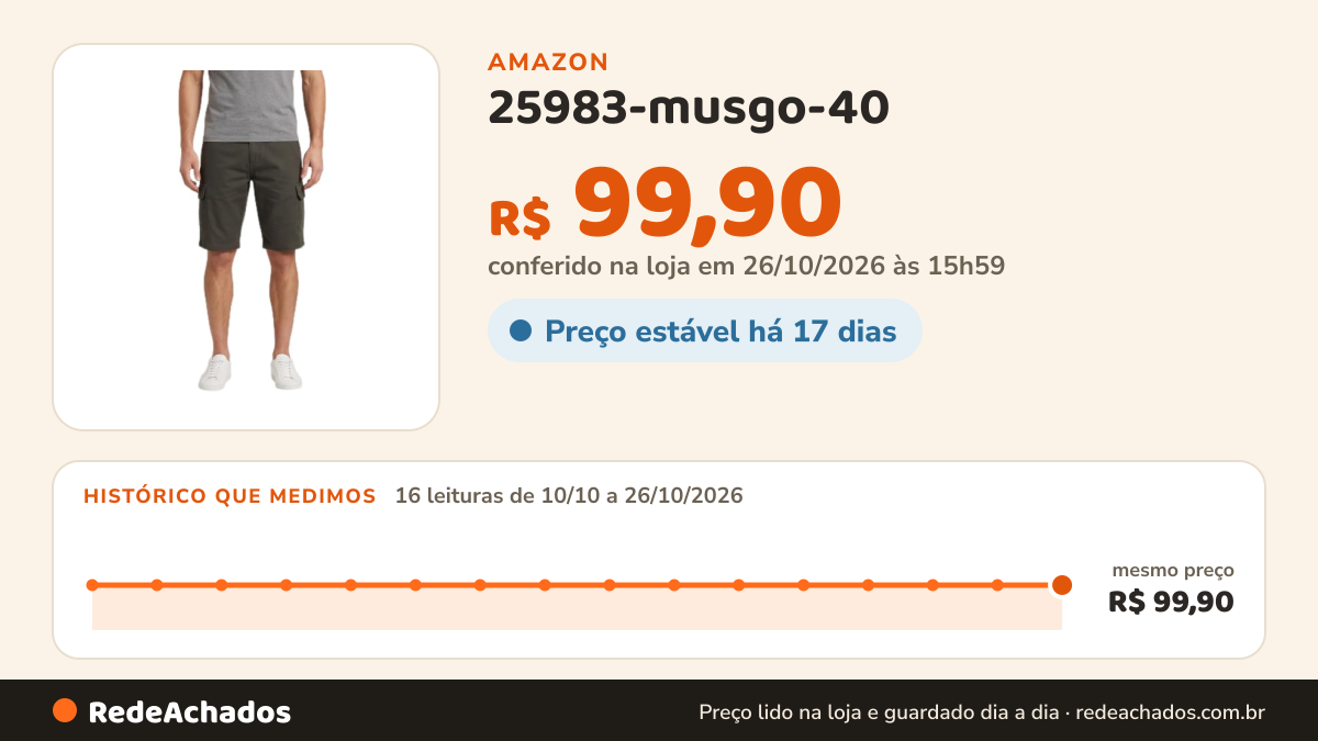 Histórico de preço de 25983-musgo-40 na Amazon: 16 leituras de 10/10/2026 a 26/10/2026, mesmo preço, R$ 99,90, em todas; R$ 99,90 conferido em 26/10/2026 às 15h59