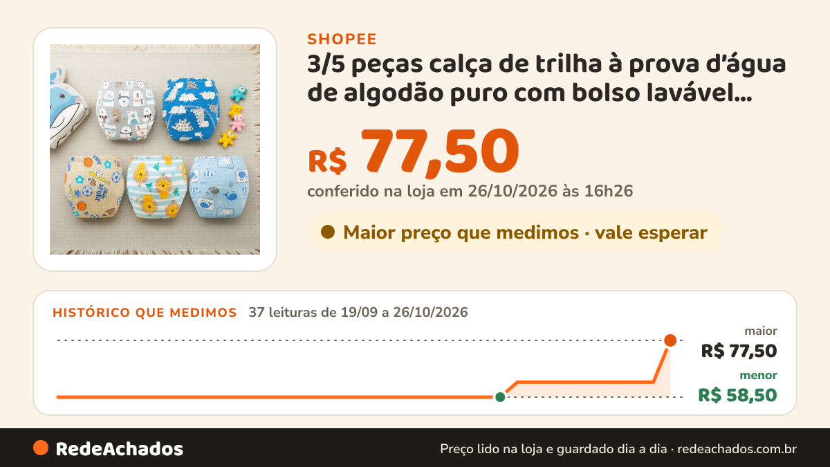 Histórico de preço de 3/5 peças calça de trilha à prova d’água de algodão puro com bolso lavável para fraldas… na Shopee: 36 leituras de 19/09/2026 a 25/10/2026, menor R$ 58,50, maior R$ 63,50; R$ 63,50 conferido em 25/10/2026 às 15h18