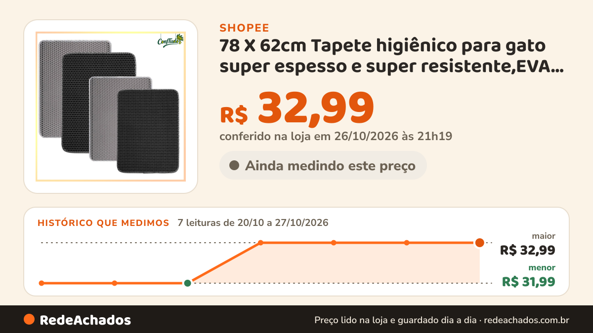 Histórico de preço de 78 X 62cm Tapete higiênico para gato super espesso e super resistente,EVA, em vários… na Shopee: 7 leituras de 20/10/2026 a 27/10/2026, menor R$ 31,99, maior R$ 32,99; R$ 32,99 conferido em 26/10/2026 às 21h19