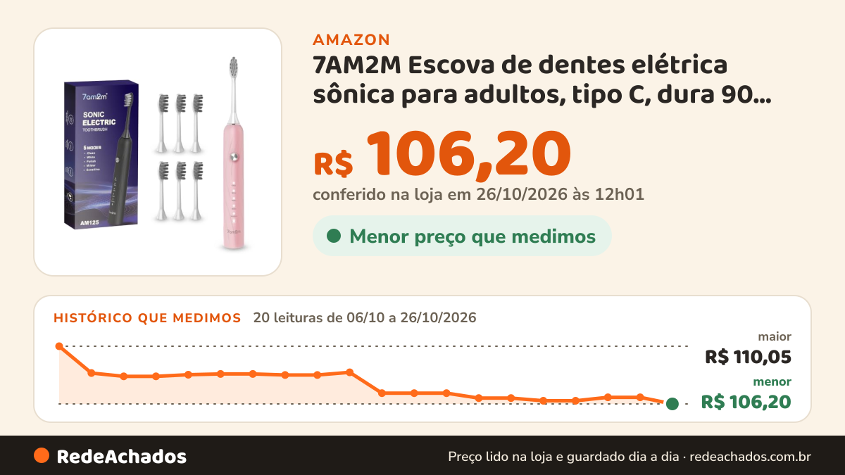Histórico de preço de 7AM2M Escova de dentes elétrica sônica para adultos, tipo C, dura 90 dias na Amazon: 20 leituras de 06/10/2026 a 26/10/2026, menor R$ 106,20, maior R$ 110,05; R$ 106,20 conferido em 26/10/2026 às 12h01