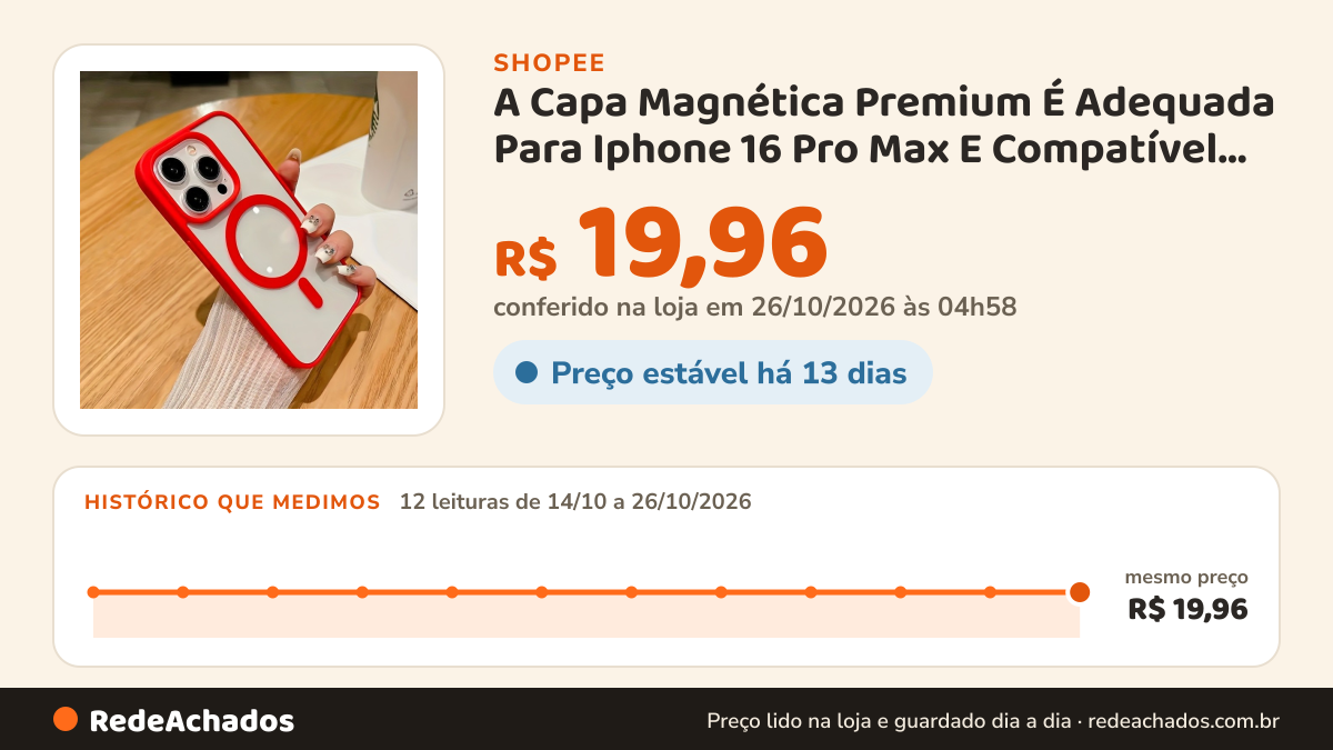 Histórico de preço de A Capa Magnética Premium É Adequada Para Iphone 16 Pro Max E Compatível Com Carregamento… na Shopee: 12 leituras de 14/10/2026 a 26/10/2026, mesmo preço, R$ 19,96, em todas; R$ 19,96 conferido em 26/10/2026 às 04h58