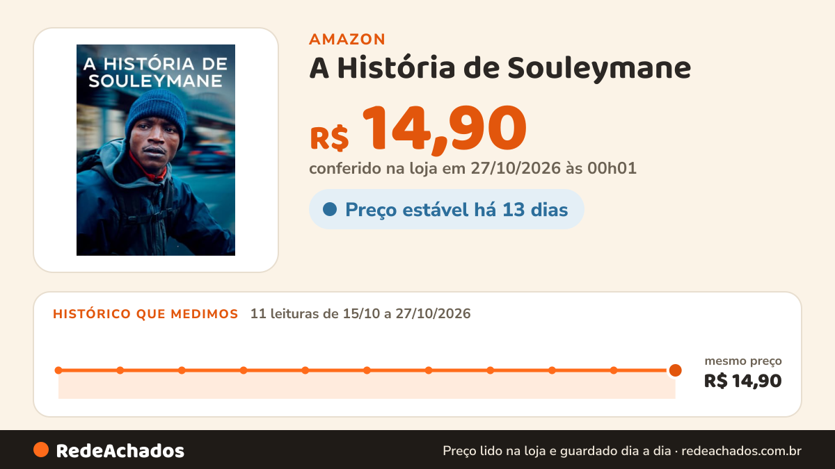 Histórico de preço de A História de Souleymane na Amazon: 11 leituras de 15/10/2026 a 27/10/2026, mesmo preço, R$ 14,90, em todas; R$ 14,90 conferido em 27/10/2026 às 00h01