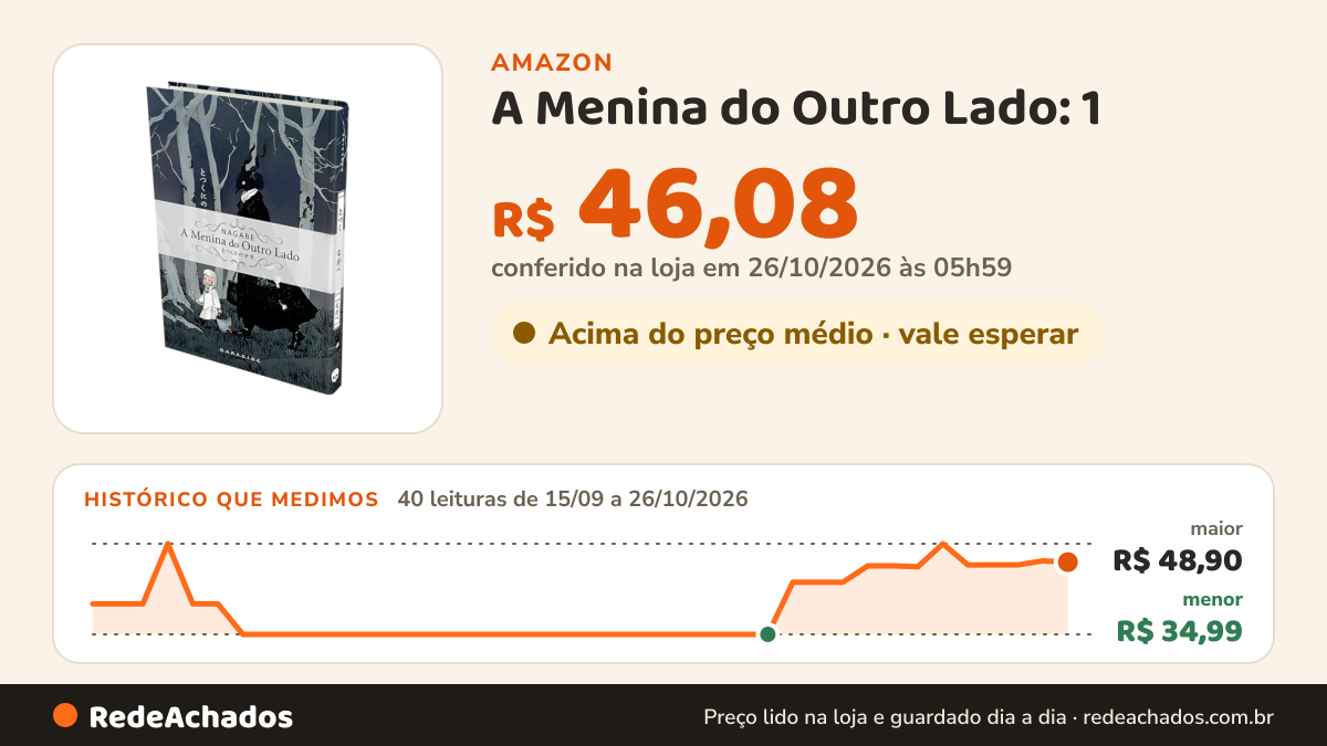 Histórico de preço de A Menina do Outro Lado: 1 na Amazon: 40 leituras de 15/09/2026 a 26/10/2026, menor R$ 34,99, maior R$ 48,90; R$ 46,08 conferido em 26/10/2026 às 05h59