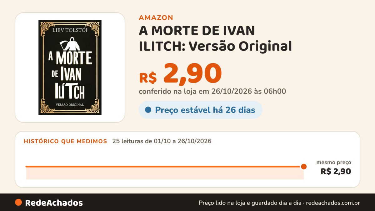 Histórico de preço de A MORTE DE IVAN ILITCH: Versão Original na Amazon: 25 leituras de 01/10/2026 a 26/10/2026, mesmo preço, R$ 2,90, em todas; R$ 2,90 conferido em 26/10/2026 às 06h00