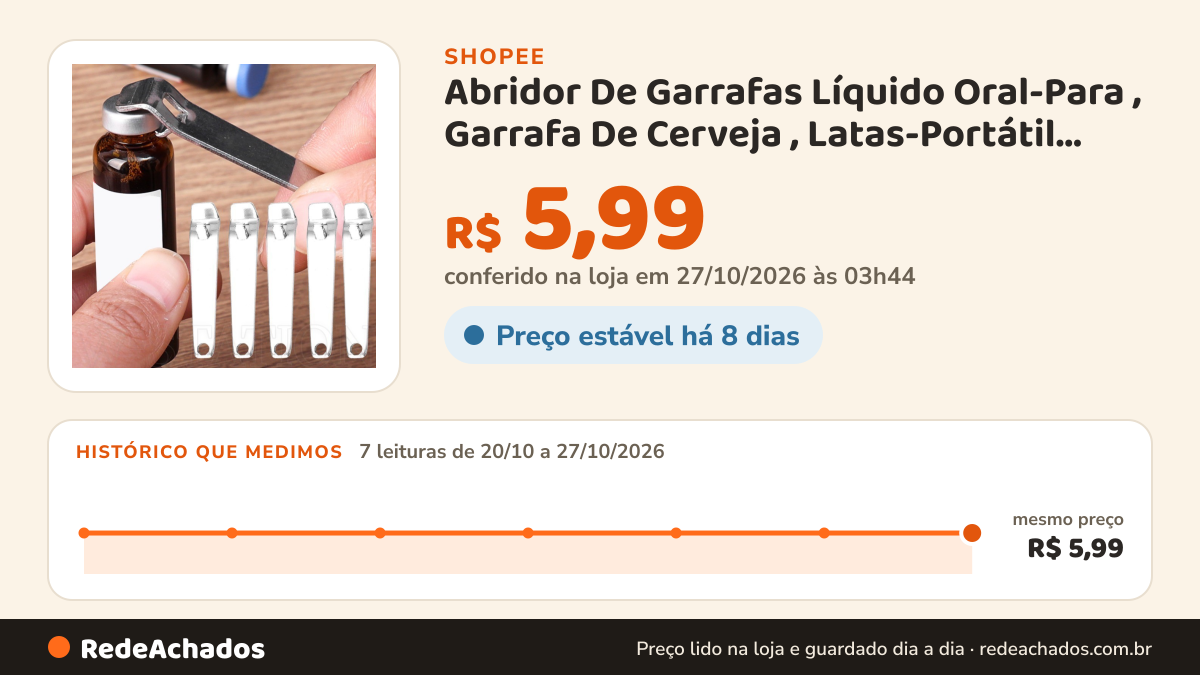 Histórico de preço de Abridor De Garrafas Líquido Oral-Para , Garrafa De Cerveja , Latas-Portátil… na Shopee: 7 leituras de 20/10/2026 a 27/10/2026, mesmo preço, R$ 5,99, em todas; R$ 5,99 conferido em 27/10/2026 às 03h44