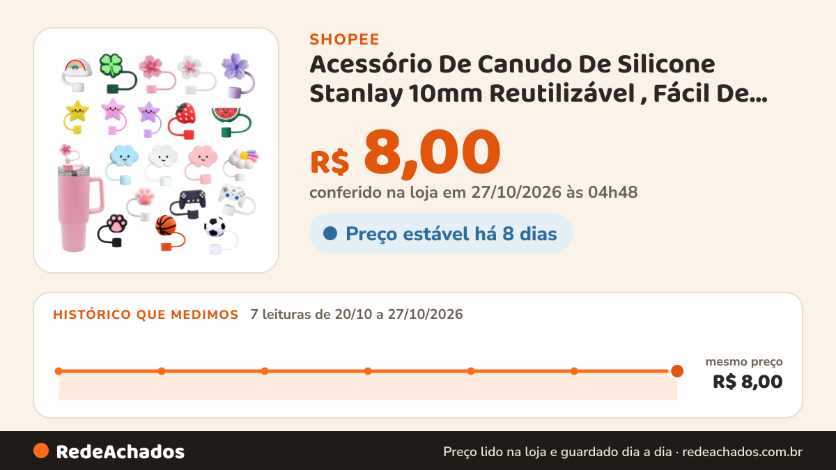 Histórico de preço de Acessório De Canudo De Silicone Stanlay 10mm Reutilizável , Fácil De Usar E ideal Para… na Shopee: 7 leituras de 20/10/2026 a 27/10/2026, mesmo preço, R$ 8,00, em todas; R$ 8,00 conferido em 27/10/2026 às 04h48