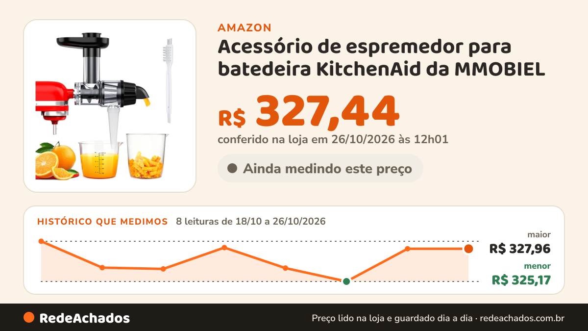 Histórico de preço de Acessório de espremedor para batedeira KitchenAid da MMOBIEL – Espremedor lento de prensa… na Amazon: 7 leituras de 18/10/2026 a 25/10/2026, menor R$ 325,17, maior R$ 327,96; R$ 327,44 conferido em 25/10/2026 às 05h58