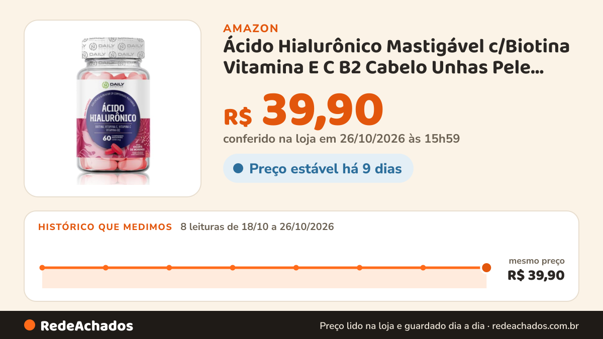 Histórico de preço de Ácido Hialurônico Mastigável c/Biotina Vitamina E C B2 Cabelo Unhas Pele Sabor Iogurte de… na Amazon: 8 leituras de 18/10/2026 a 26/10/2026, mesmo preço, R$ 39,90, em todas; R$ 39,90 conferido em 26/10/2026 às 15h59