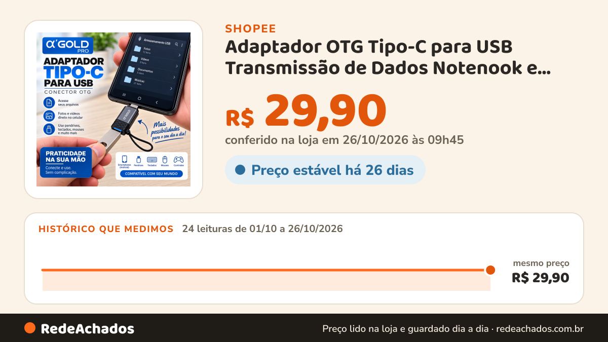 Histórico de preço de Adaptador OTG Tipo-C para USB Transmissão de Dados Notenook e Celular Pro CBA-23 na Shopee: 24 leituras de 01/10/2026 a 26/10/2026, mesmo preço, R$ 29,90, em todas; R$ 29,90 conferido em 26/10/2026 às 09h45