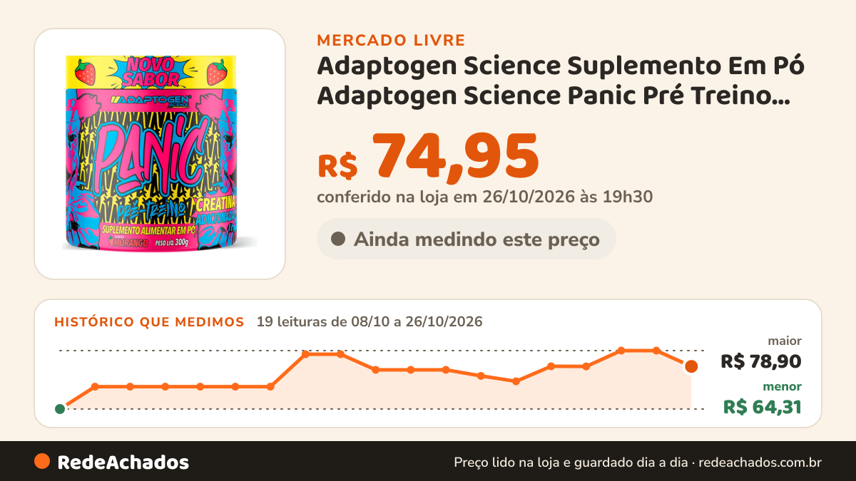Histórico de preço de Adaptogen Science Suplemento Em Pó Adaptogen Science Panic Pré Treino Com Creatin no Mercado Livre: 19 leituras de 08/10/2026 a 26/10/2026, menor R$ 64,31, maior R$ 78,90; R$ 74,95 conferido em 26/10/2026 às 19h30