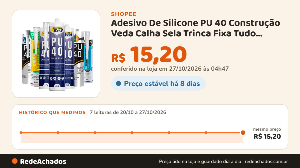Histórico de preço de Adesivo De Silicone PU 40 Construção Veda Calha Sela Trinca Fixa Tudo Espelho Selante… na Shopee: 7 leituras de 20/10/2026 a 27/10/2026, mesmo preço, R$ 15,20, em todas; R$ 15,20 conferido em 27/10/2026 às 04h47