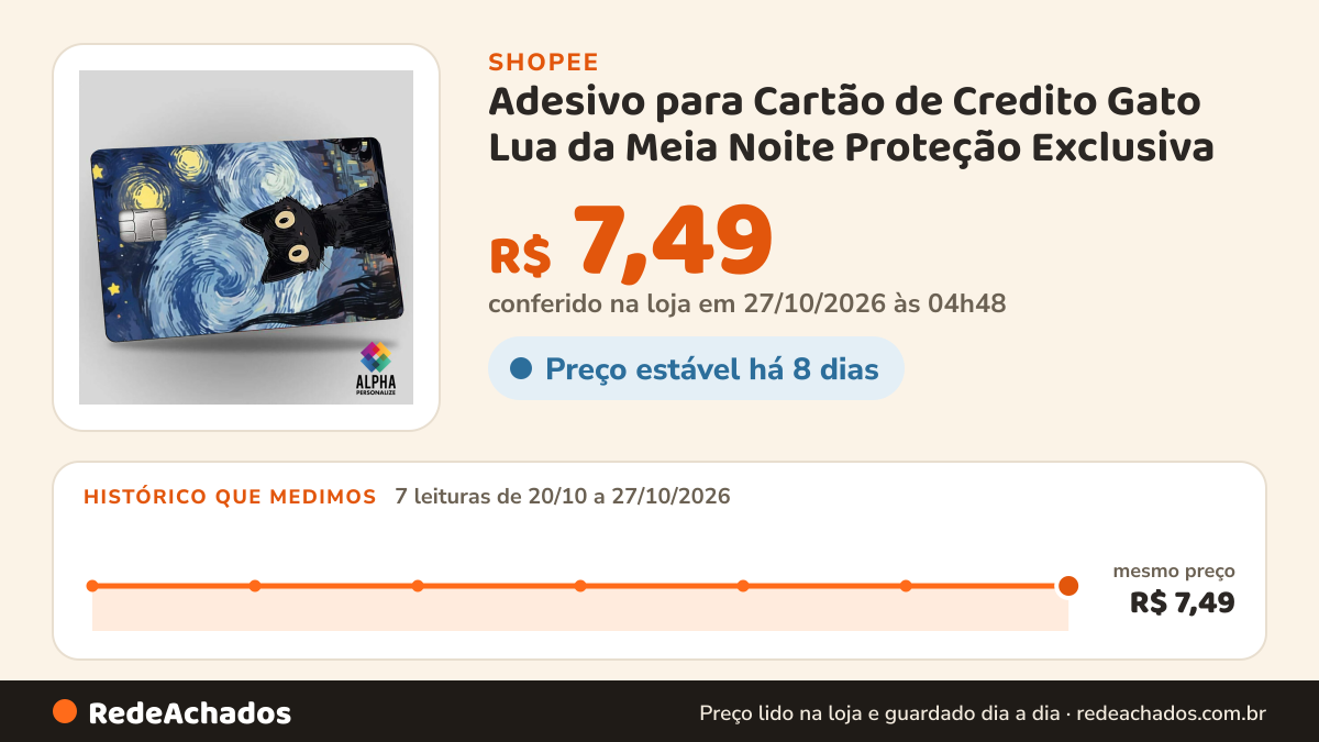 Histórico de preço de Adesivo para Cartão de Credito Gato Lua da Meia Noite Proteção Exclusiva na Shopee: 7 leituras de 20/10/2026 a 27/10/2026, mesmo preço, R$ 7,49, em todas; R$ 7,49 conferido em 27/10/2026 às 04h48