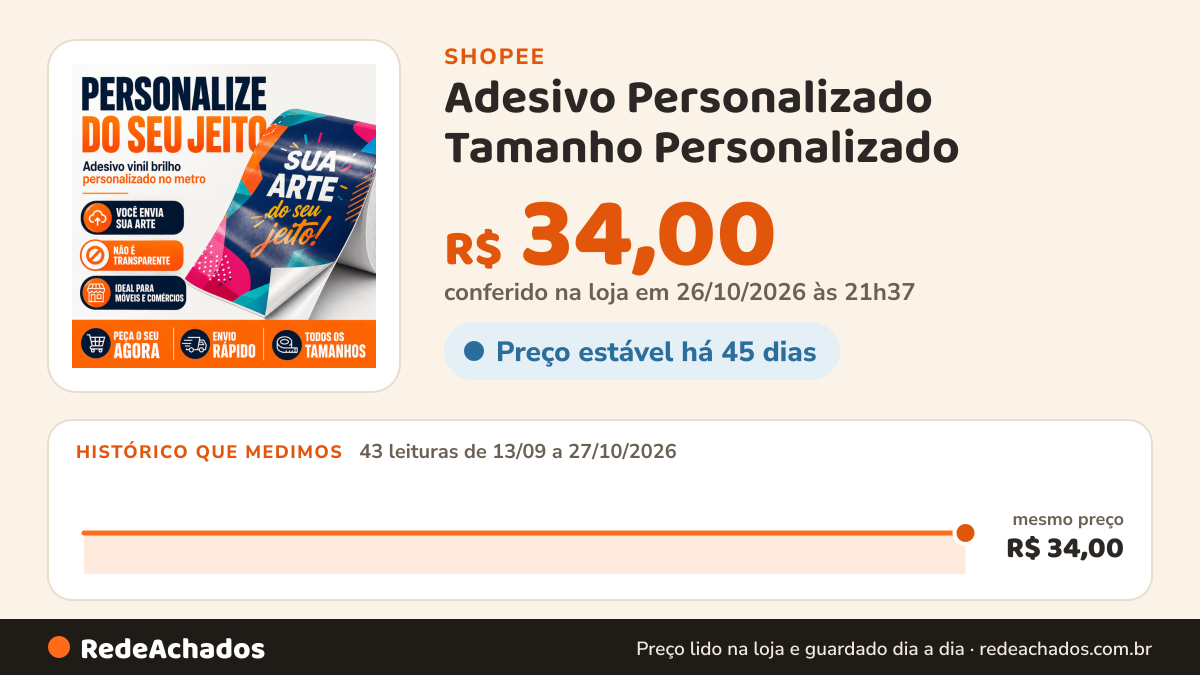 Histórico de preço de Adesivo Personalizado Tamanho Personalizado na Shopee: 43 leituras de 13/09/2026 a 27/10/2026, mesmo preço, R$ 34,00, em todas; R$ 34,00 conferido em 26/10/2026 às 21h37