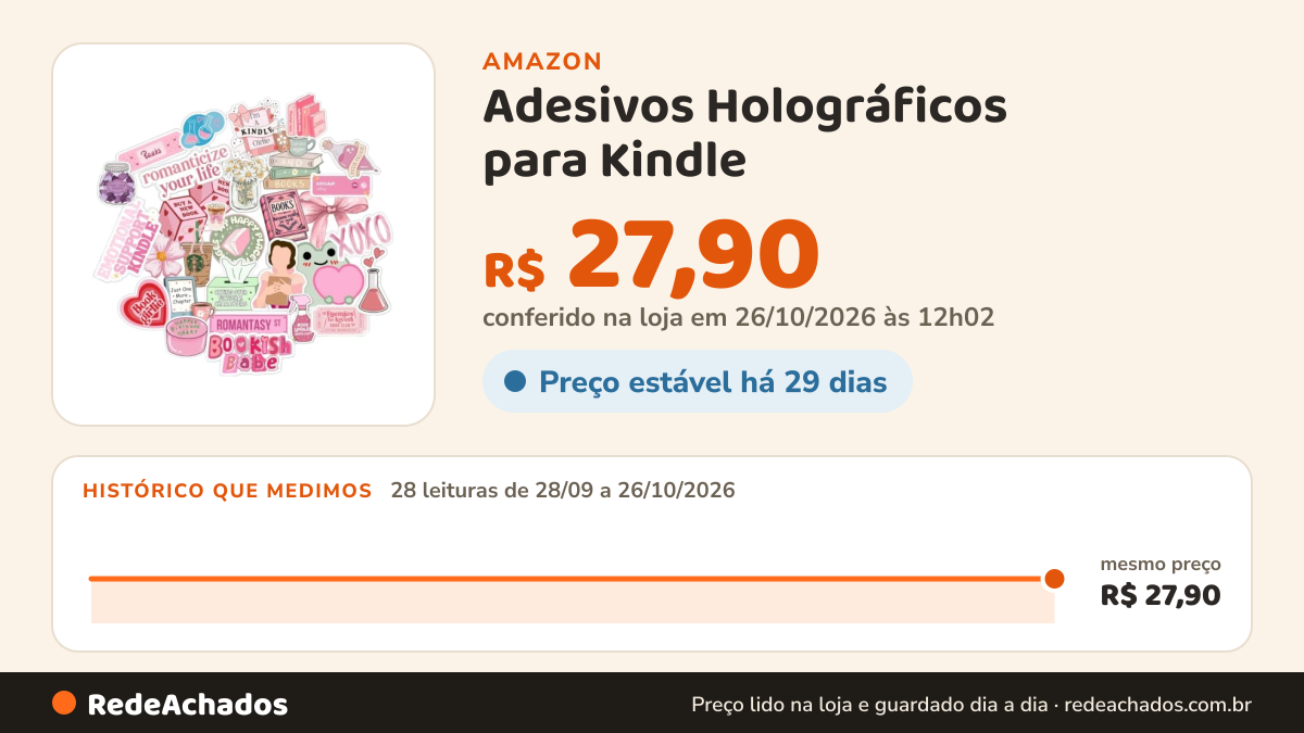 Histórico de preço de Adesivos Holográficos para Kindle - Estilo Bookish na Amazon: 27 leituras de 28/09/2026 a 25/10/2026, mesmo preço, R$ 27,90, em todas; R$ 27,90 conferido em 25/10/2026 às 05h59