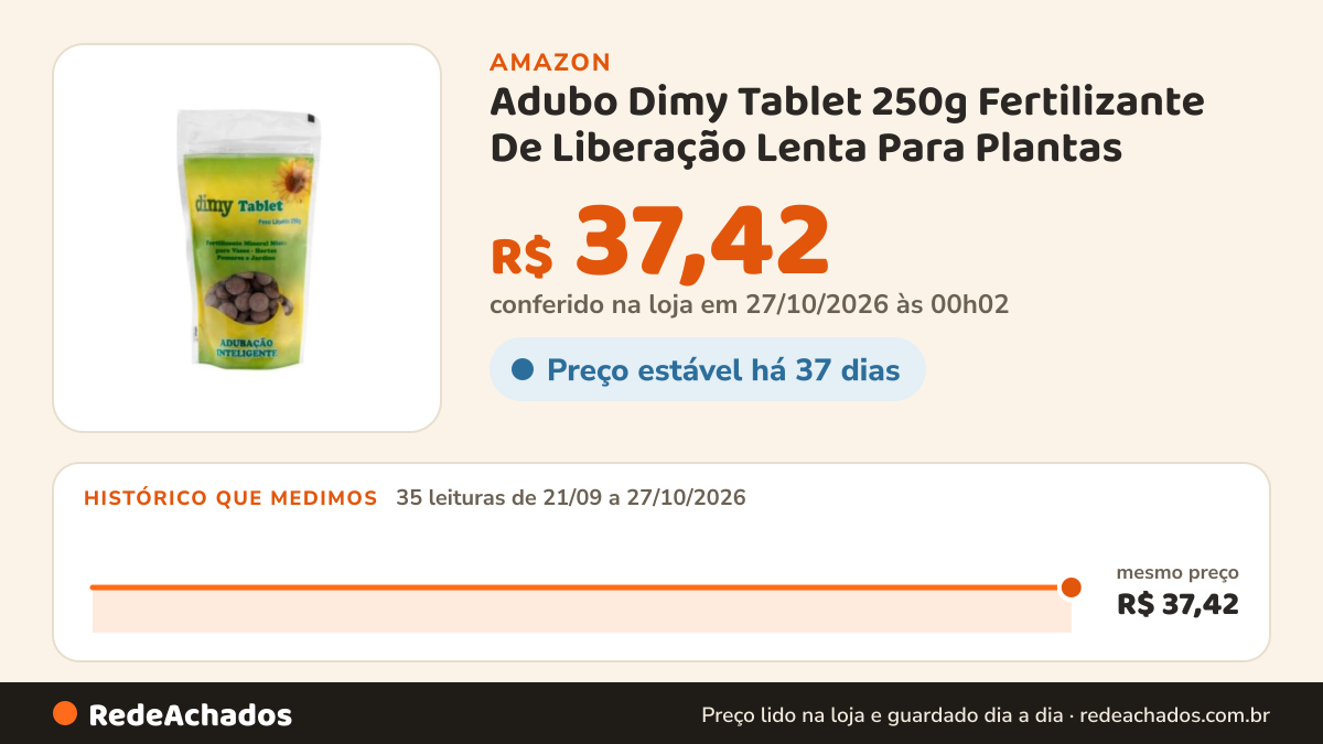 Histórico de preço de Adubo Dimy Tablet 250g Fertilizante De Liberação Lenta Para Plantas na Amazon: 35 leituras de 21/09/2026 a 27/10/2026, mesmo preço, R$ 37,42, em todas; R$ 37,42 conferido em 27/10/2026 às 00h02