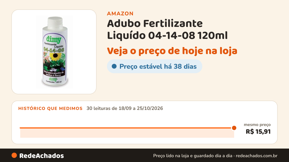 Histórico de preço de Adubo Fertilizante Liquído 04-14-08 120ml - Dimy na Amazon: 30 leituras de 18/09/2026 a 25/10/2026, mesmo preço, R$ 15,91, em todas