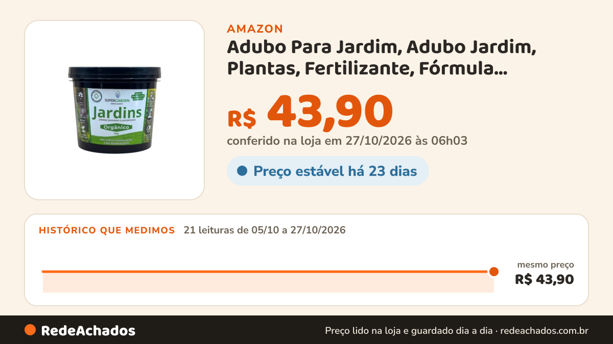 Histórico de preço de Adubo Para Jardim, Adubo Jardim, Plantas, Fertilizante, Fórmula Granulada, NPK, Gramados… na Amazon: 21 leituras de 05/10/2026 a 27/10/2026, mesmo preço, R$ 43,90, em todas; R$ 43,90 conferido em 27/10/2026 às 06h03