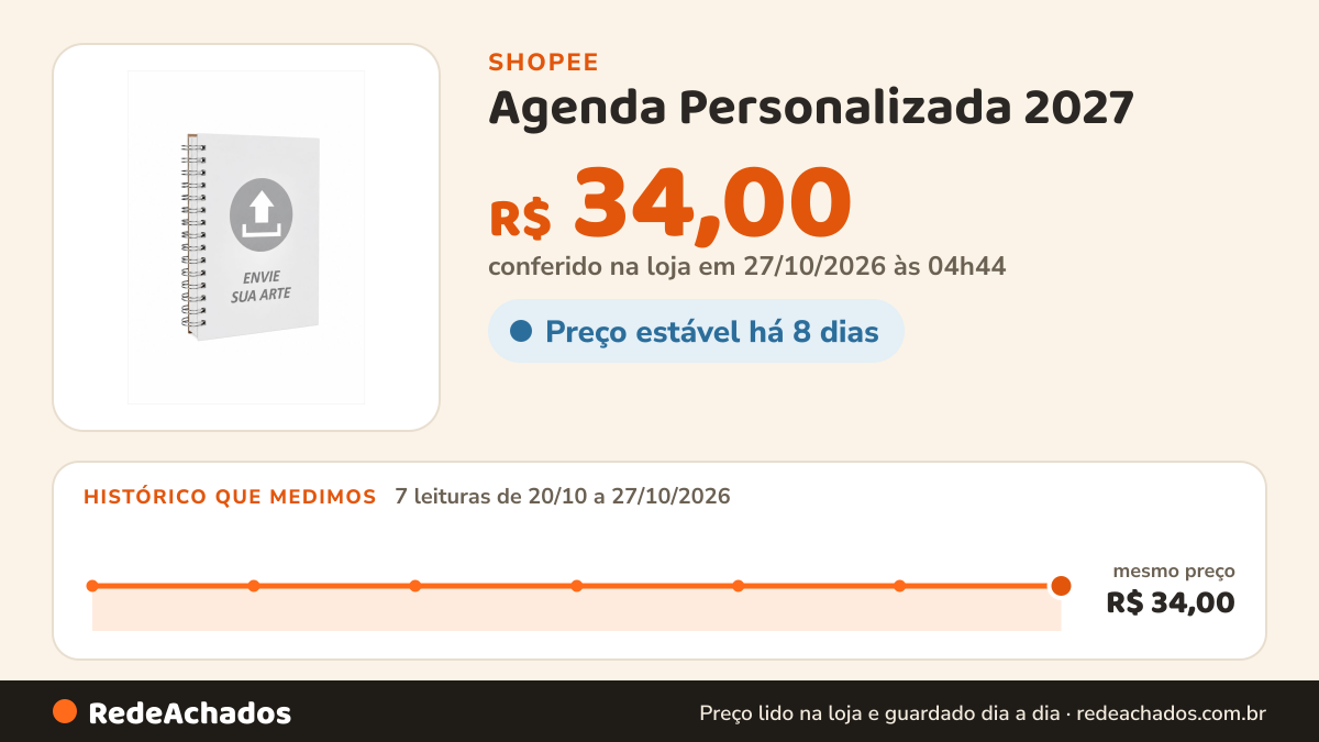 Histórico de preço de Agenda Personalizada 2027 - Foto - Empresa - Escola - Sua Arte na Shopee: 7 leituras de 20/10/2026 a 27/10/2026, mesmo preço, R$ 34,00, em todas; R$ 34,00 conferido em 27/10/2026 às 04h44