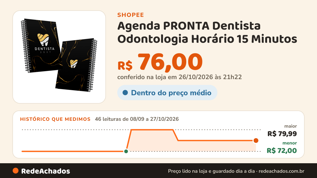 Histórico de preço de Agenda PRONTA Dentista Odontologia Horário 15 Minutos na Shopee: 46 leituras de 08/09/2026 a 27/10/2026, menor R$ 72,00, maior R$ 79,99; R$ 76,00 conferido em 26/10/2026 às 21h22