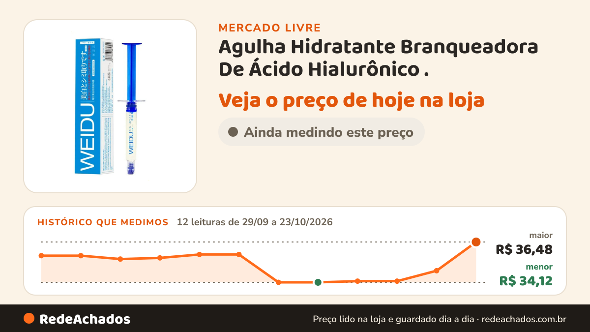 Histórico de preço de Agulha Hidratante Branqueadora De Ácido Hialurônico . no Mercado Livre: 12 leituras de 29/09/2026 a 23/10/2026, menor R$ 34,12, maior R$ 36,48