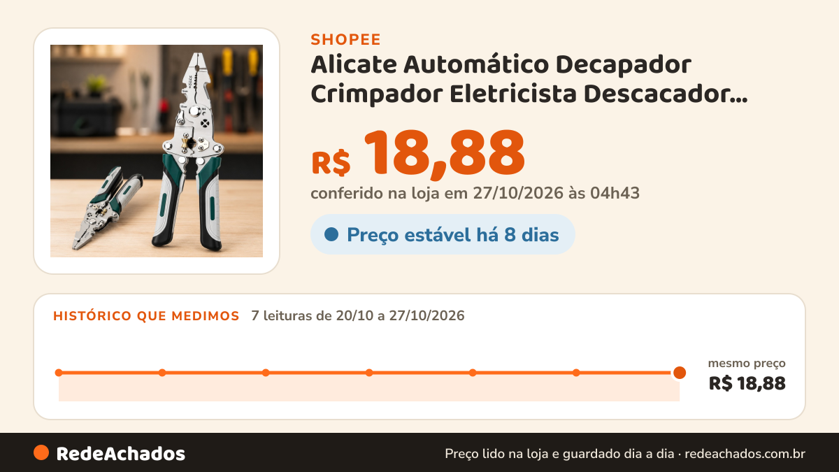Histórico de preço de Alicate Automático Decapador Crimpador Eletricista Descacador Fios Decapador Fio… na Shopee: 7 leituras de 20/10/2026 a 27/10/2026, mesmo preço, R$ 18,88, em todas; R$ 18,88 conferido em 27/10/2026 às 04h43