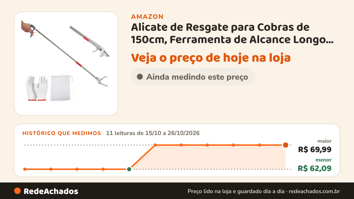 Histórico de preço de Alicate de Resgate para Cobras de 150cm, Ferramenta de Alcance Longo para Apanhar Objetos… na Amazon: 11 leituras de 15/10/2026 a 26/10/2026, menor R$ 62,09, maior R$ 69,99