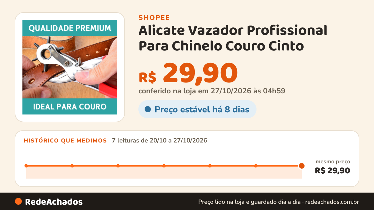 Histórico de preço de Alicate Vazador Profissional Para Chinelo Couro Cinto - 6 Furos Precisos e Fáceis de Fazer… na Shopee: 7 leituras de 20/10/2026 a 27/10/2026, mesmo preço, R$ 29,90, em todas; R$ 29,90 conferido em 27/10/2026 às 04h59