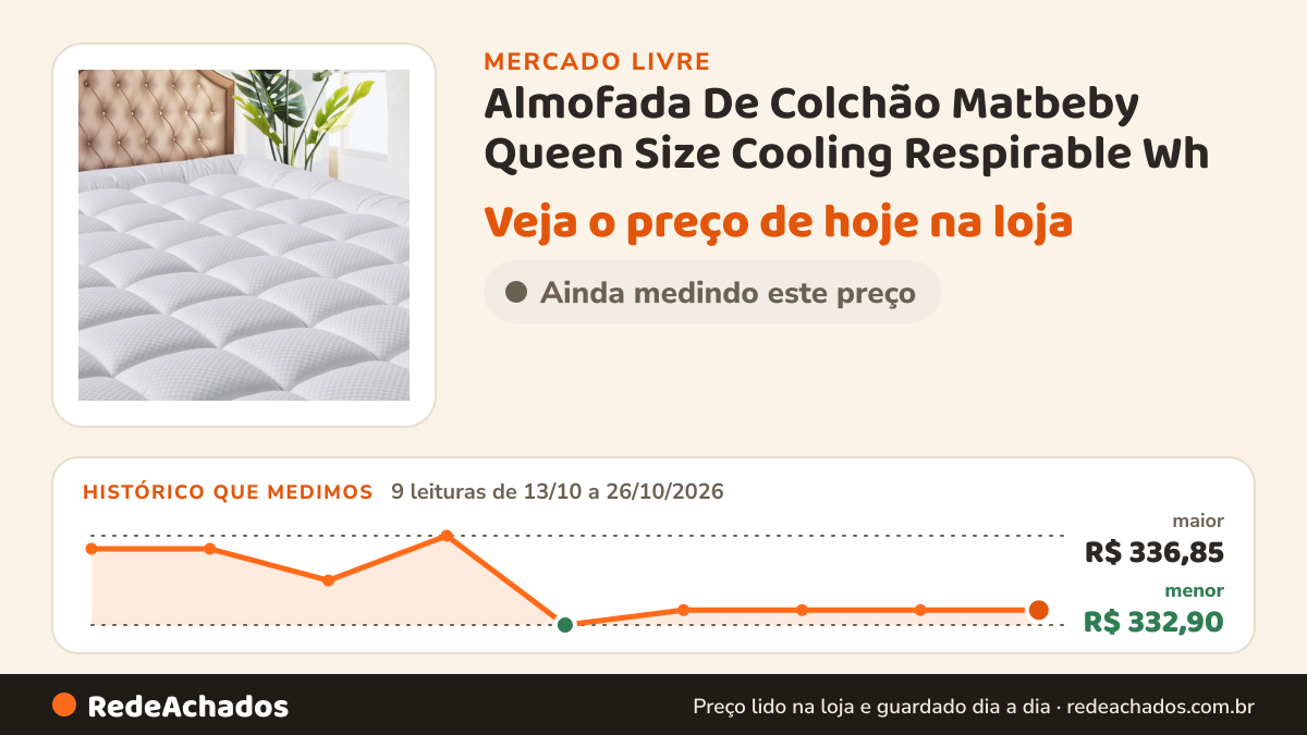 Histórico de preço de Almofada De Colchão Matbeby Queen Size Cooling Respirable Wh no Mercado Livre: 9 leituras de 13/10/2026 a 26/10/2026, menor R$ 332,90, maior R$ 336,85
