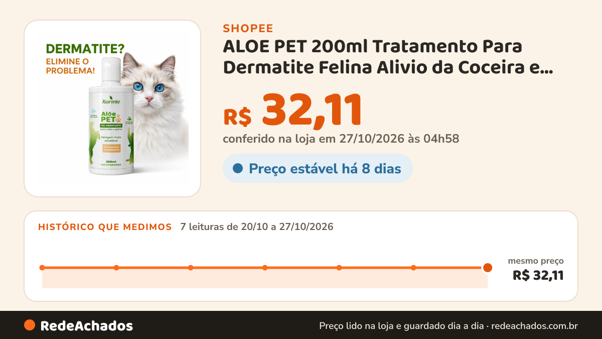 Histórico de preço de ALOE PET 200ml Tratamento Para Dermatite Felina Alivio da Coceira e Queda de Pelo do seu… na Shopee: 7 leituras de 20/10/2026 a 27/10/2026, mesmo preço, R$ 32,11, em todas; R$ 32,11 conferido em 27/10/2026 às 04h58