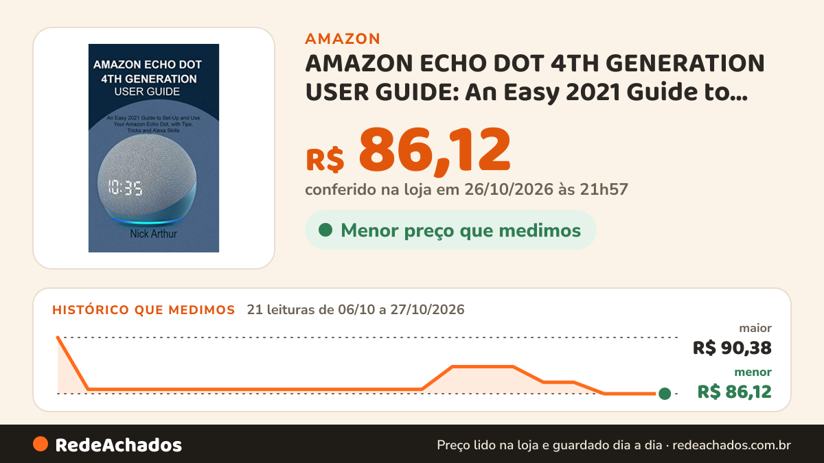 Histórico de preço de AMAZON ECHO DOT 4TH GENERATION USER GUIDE: An Easy 2021 Guide to Set-Up and Use Your… na Amazon: 21 leituras de 06/10/2026 a 27/10/2026, menor R$ 86,12, maior R$ 90,38; R$ 86,12 conferido em 26/10/2026 às 21h57