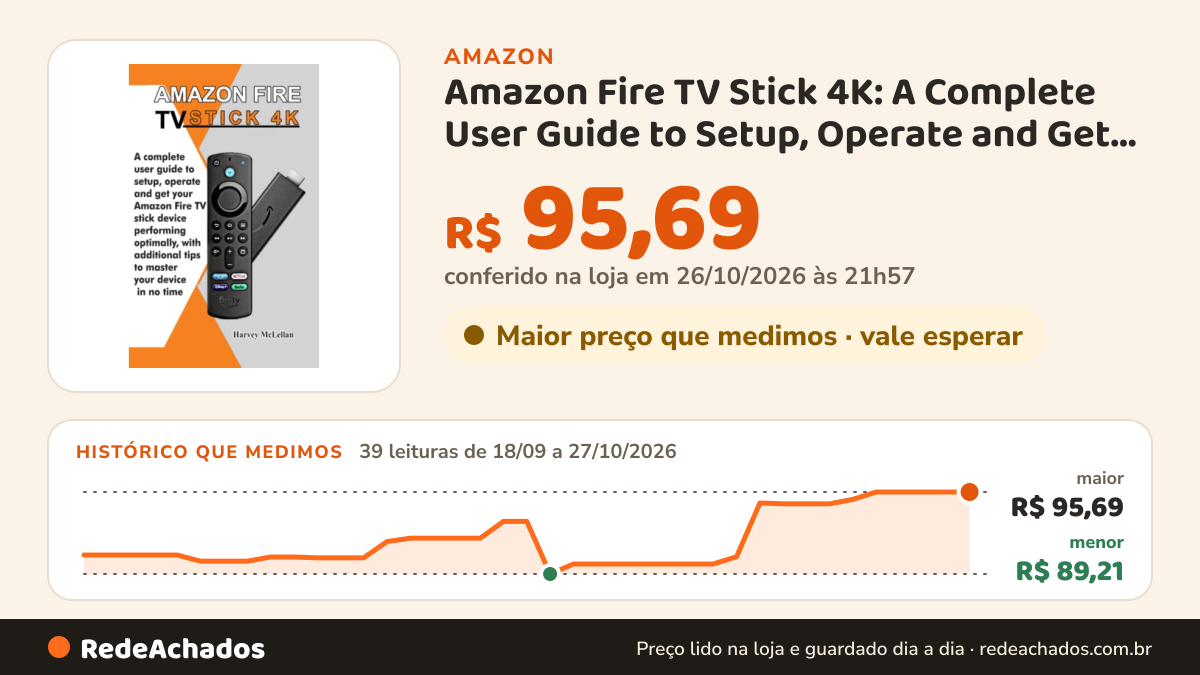 Histórico de preço de Amazon Fire TV Stick 4K: A Complete User Guide to Setup, Operate and Get Your Amazon Fire… na Amazon: 39 leituras de 18/09/2026 a 27/10/2026, menor R$ 89,21, maior R$ 95,69; R$ 95,69 conferido em 26/10/2026 às 21h57