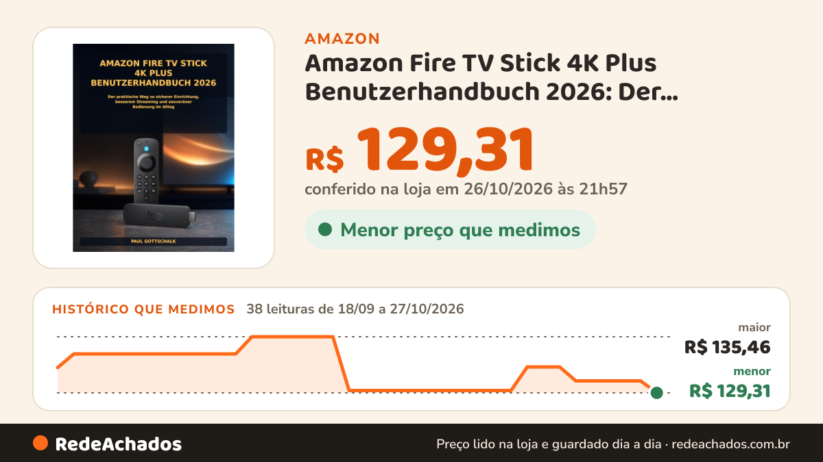 Histórico de preço de Amazon Fire TV Stick 4K Plus Benutzerhandbuch 2026: Der praktische Weg zu sicherer… na Amazon: 38 leituras de 18/09/2026 a 27/10/2026, menor R$ 129,31, maior R$ 135,46; R$ 129,31 conferido em 26/10/2026 às 21h57