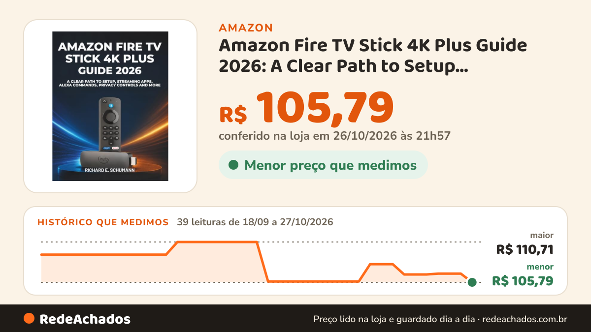 Histórico de preço de Amazon Fire TV Stick 4K Plus Guide 2026: A Clear Path to Setup, Streaming Apps, Alexa… na Amazon: 39 leituras de 18/09/2026 a 27/10/2026, menor R$ 105,79, maior R$ 110,71; R$ 105,79 conferido em 26/10/2026 às 21h57