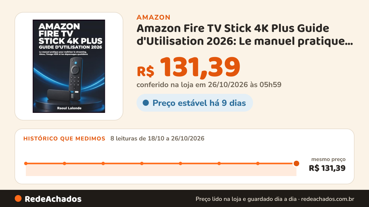 Histórico de preço de Amazon Fire TV Stick 4K Plus Guide d'Utilisation 2026: Le manuel pratique pour maîtriser… na Amazon: 8 leituras de 18/10/2026 a 26/10/2026, mesmo preço, R$ 131,39, em todas; R$ 131,39 conferido em 26/10/2026 às 05h59