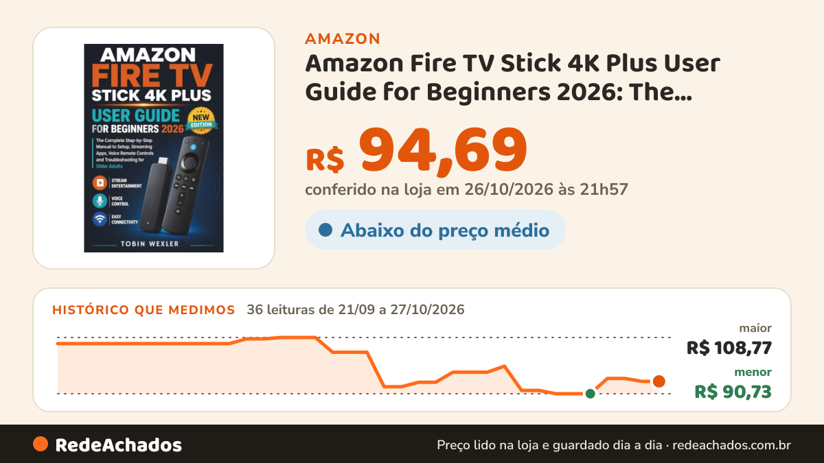 Histórico de preço de Amazon Fire TV Stick 4K Plus User Guide for Beginners 2026: The Complete Step-by-Step… na Amazon: 36 leituras de 21/09/2026 a 27/10/2026, menor R$ 90,73, maior R$ 108,77; R$ 94,69 conferido em 26/10/2026 às 21h57