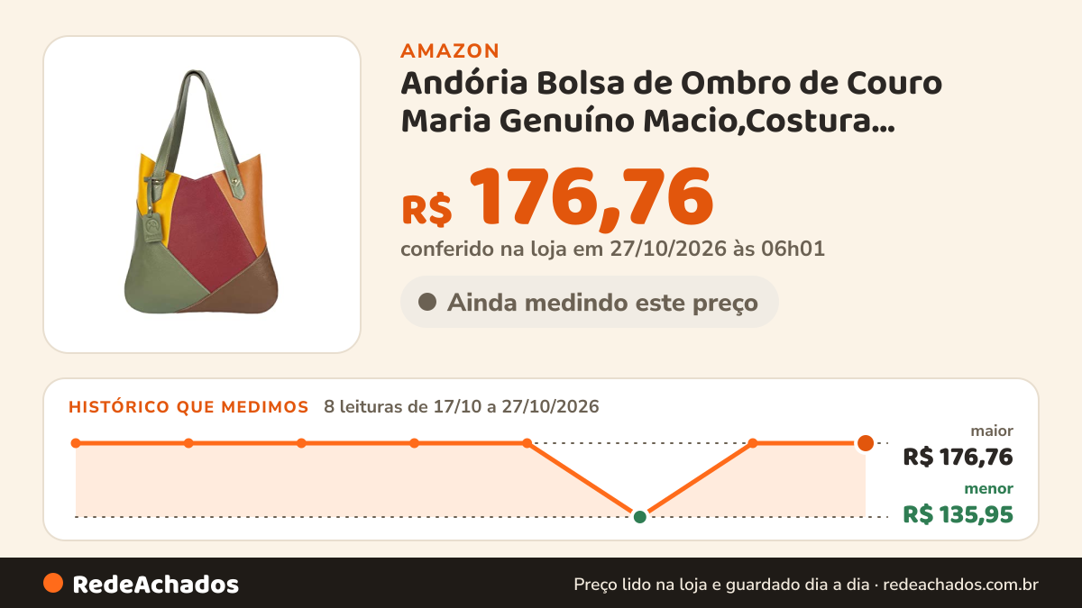 Histórico de preço de Andória Bolsa de Ombro de Couro Maria Genuíno Macio,Costura Reforçada e Fecho Seguro de… na Amazon: 8 leituras de 17/10/2026 a 27/10/2026, menor R$ 135,95, maior R$ 176,76; R$ 176,76 conferido em 27/10/2026 às 06h01
