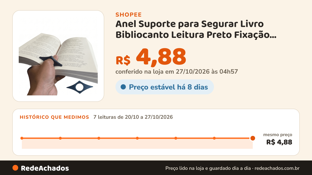 Histórico de preço de Anel Suporte para Segurar Livro Bibliocanto Leitura Preto Fixação Perfeita das Páginas na Shopee: 7 leituras de 20/10/2026 a 27/10/2026, mesmo preço, R$ 4,88, em todas; R$ 4,88 conferido em 27/10/2026 às 04h57