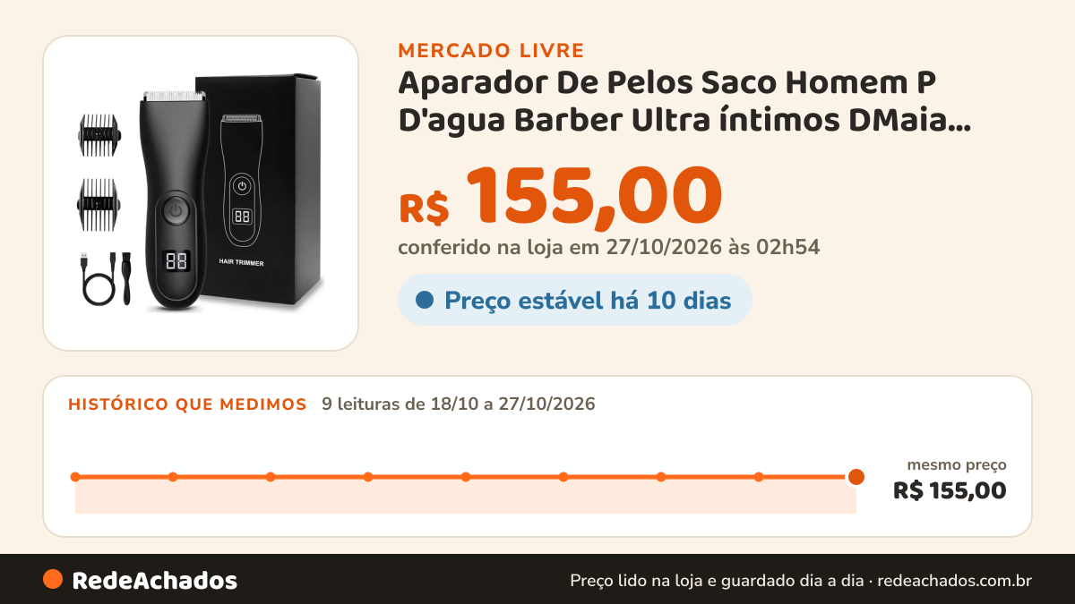 Histórico de preço de Aparador De Pelos Saco Homem P D'agua Barber Ultra íntimos DMaia DMAIA no Mercado Livre: 9 leituras de 18/10/2026 a 27/10/2026, mesmo preço, R$ 155,00, em todas; R$ 155,00 conferido em 27/10/2026 às 02h54